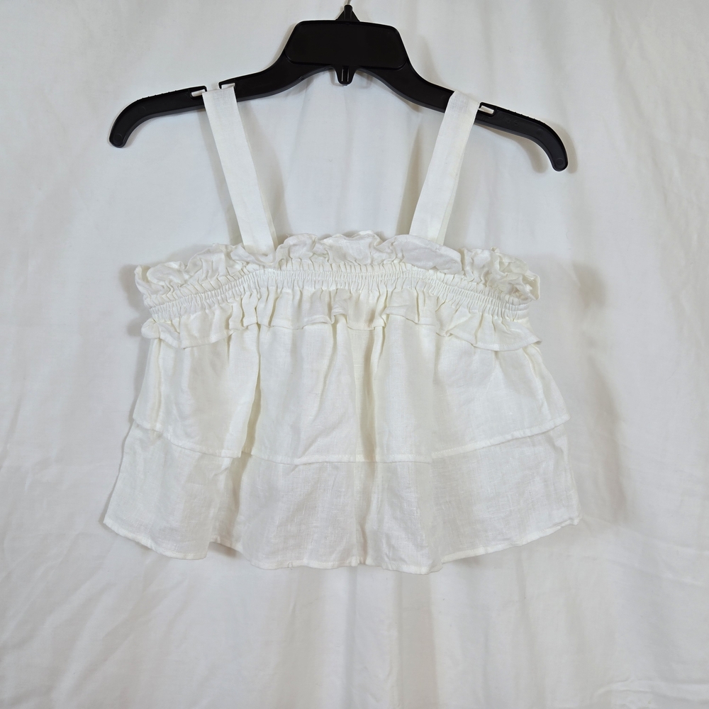 Zara Girls White Sleeveless 100% Linen Tiered Ruffle Boho Lightweight Top 13-14Y